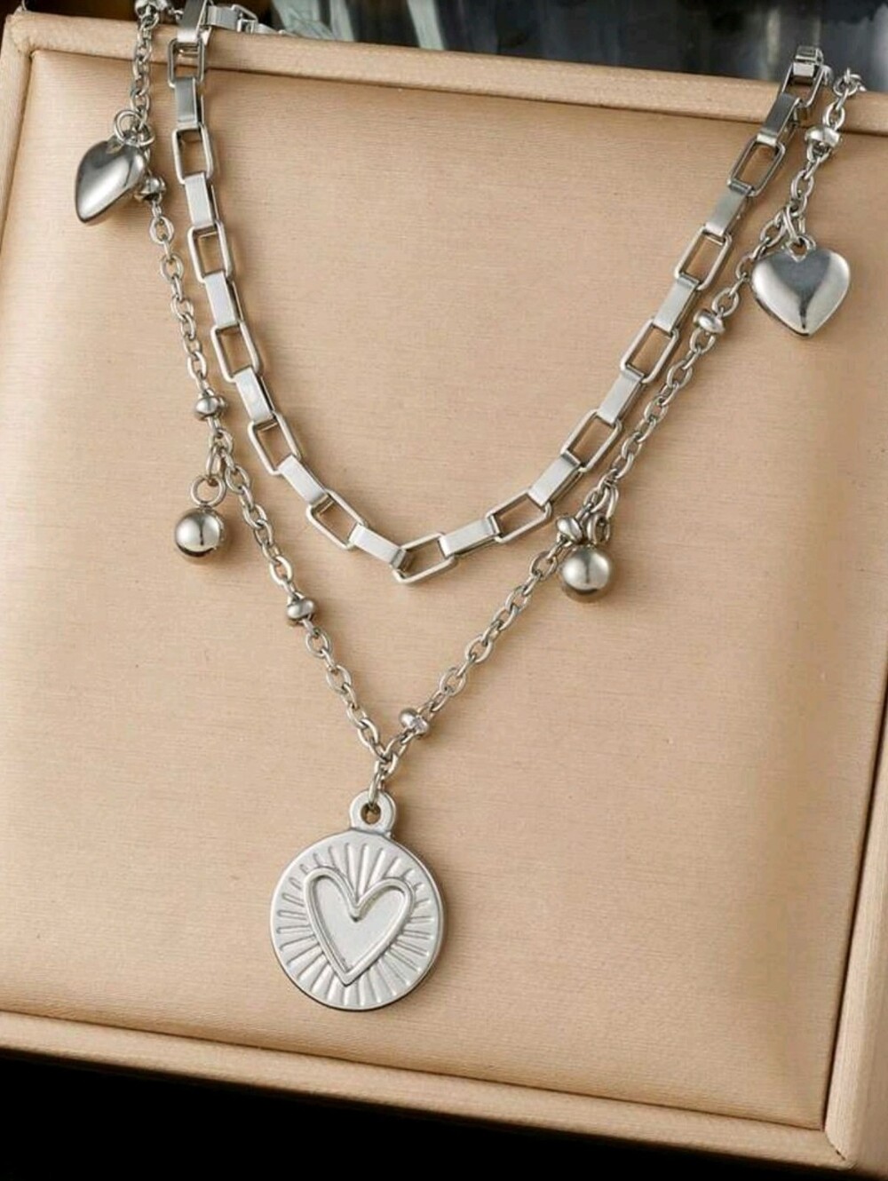 Sterling Silver-Look Layered Heart Pendant Necklace
